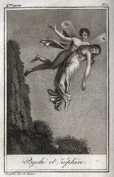 A pszichét Zephyr elragadta. Metszet 1819-ből Charles Albert Demoustier (1760-1801) „Lettres a Emilie sur la mythologie” című művében. Magángyűjtemény.