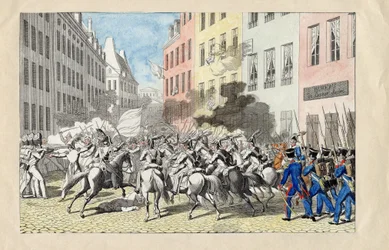 Revolution de Juillet 1830 a Paris (Az 1830-as júliusi forradalom) Névtelen metszet és akvarell 1830 Méret: 25,7x40,3 cm Magángyűjtemény