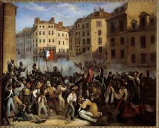 1830-as forradalom – „A Charta vagy a halál”” (július 28-i csata, valószínűleg a rue Saint-Antoine) – „1830. júliusi epizód””. 1830-as forradalom. Névtelen festmény