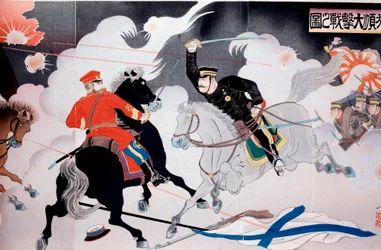 Orosz-japán háború (1904-1905) Japán nyomat, amely két lovas csatáját ábrázolja. A XX. századi magángyűjtemény kezdete