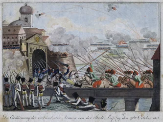 Lipcse város megtámadása a szövetséges csapatok által - bataille de Leipzig ou bataille des nations (1813. október 16-19.) - Anonymous - 1813 - Rézkarc, akvarell - 33,3x27 - Magángyűjtemény