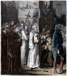 A templomosok folyamodványa: Jacques de Molay (Molai) a Templomosok Rendjének nagymesterét és több társát eretnekséggel és kicsapongásokkal vádolja IV. Fülöp király dit le bel et március 4-én kivégez