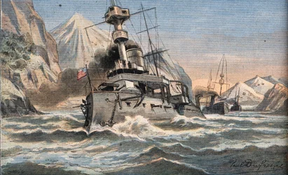 Az amerikai flotta a Magellan Detroitban. Metszet a „” Le Petro Parisien” újságból”, 1908.02.23. Magángyűjtemény.