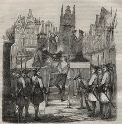 François-Jean Lefebvre de La Barre lovag (François Jean Lefebvre de La Barre) 1766-ban fellép a vérpadra. Metszet Pierre Zaccone (1817-1895) „Histoire des bagnes depuis leur création à nos jours” (1877) című művében, büntetőtelep