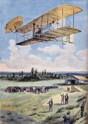The Flying Men: Wilbur Wright (1867-1912) élményei a Hunaudieres versenypálya felett, Le Mans városa közelében. Metszet a „” Le Peute Parisien” újságból”, 1908.08.30. Magángyűjtemény.