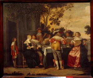 A Gallant Scene kártyajáték néhány játékossal és zenészekkel. Névtelen festmény. 17. századi Lille, Musee des Beaux Arts