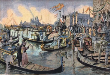 II. Vilmos porosz német császár (1859-1941) Velencében. Metszet a „” Le Peute Parisien” újságból”, 1908.12.04. Magángyűjtemény.