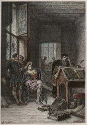 I. Francois francia király (1494-1547), művészet- és levélvédő, Estienne (Robert Estienne) nyomdász műhelyeinek látogatása, 1540 körül (I. Ferenc francia király Estienne királyi tipográfusok műhelyeinek látogatása