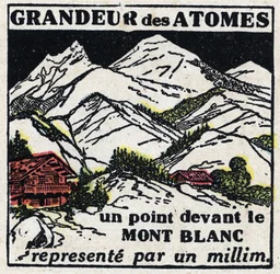 Az atom és a tudomány: az atomok mérete. A Mont Blanc előtti pont egy milliméterrel ábrázolva. Névtelen illusztráció 1925-ből. Magángyűjtemény.