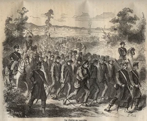 A lánc a 19. században a Toulon Bagne-nál indult. Pierre Zaccone (1817-1895) (Colonia Penale - Büntetőtelep) metszet az „Elítéltek története a megalkotásuktól napjainkig” című könyvébe (1877). Magángyűjtemény.