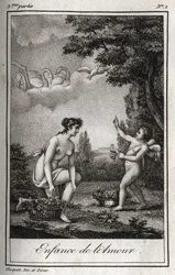 A szerelem gyermekkora. Metszet 1819-ből Charles Albert Demoustier (1760-1801) „Lettres a Emilie sur la mythologie” című művében. Magángyűjtemény.