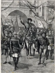 A vállalatok kortege a 14. században: A párizsi kereskedők prevotja. Metszés. „A kis Párizsban”, 1899.06.18. Magángyűjtemény.