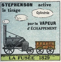 A mozdony: George Stephenson (1781-1848) 1829-ben feltalált rakétája. Névtelen illusztráció 1925-ből. Magángyűjtemény.