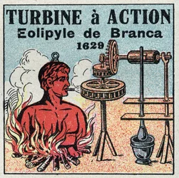 A gőzgép: a turbinának van akciója. Az eolipilet Giovanni Branca (1571-1645) találta fel 1629-ben. Névtelen illusztráció 1925-ből. Magángyűjtemény.