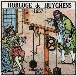 Idő: Christiaan Huygens (1629-1695) 1657-ben feltalált szabad inga óra. Névtelen illusztráció 1925-ből. Magángyűjtemény.