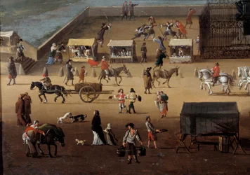 Forgalom a párizsi Pont Neuf-on a 17. században Részlet. Névtelen festmény. Párizs, Musee Carnavalet