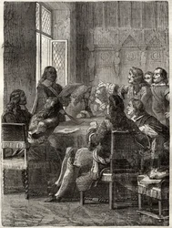 Rijswijki béke (A rijswijki béke, 1697. október 30.) (az Augsburgi Liga háborújának vége XIV. Lajos és a Nagy Szövetség között). 19. századi metszet. Magángyűjtemény.