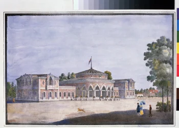 Egy vasútállomás és egy francia étterem Catharinhofban (Catharinhofban vasútállomás és francia étterem). Névtelen litográfia, akvarellel színezett, 22 x 33 cm