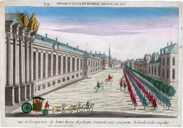 A varsói lengyel király bejáratának képe és perspektívája a palotával - Névtelen - 1735 - Rézmetszet, akvarell - 29,2x41,8 - Magángyűjtemény