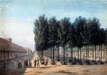 Kilátás a Paisibles udvarára a Bicetre-i hospice-ban Elmebetegek sétája a Kórházban 1824-ben. Anonymous gouache. Párizs, Musee Carnavalet