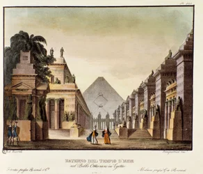 Ízisz templomának kilátása Giovanni Galzerani (1780-1865) (1828) olasz koreográfus „”Octavianus in Egypt”” című balettjéhez készült szcenográfia. Litográfia a „” Alessandro Sanquirico (1777-1849) festői találmányainak gyűjteménye 1830-ból”. milánói nélkül