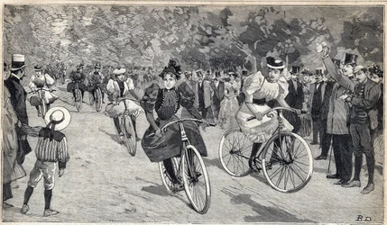 Velocipedisták női versenye a Párizs melletti Bois de Boulogne-ban. Metszet a „” Le Petit Parisien”-ben, 1893.06.25.