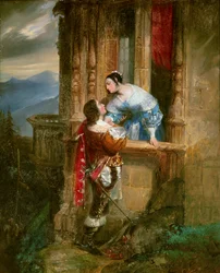 Az udvarló fiatalembernek egy hölgy van az erkélyén Illusztráció William Shakespeare (1564-1616) „Rómeó és Júliájához”. századi névtelen festmény. Lyon, musee des Beaux Arts – Fiatal férfi udvarol egy fiatal hölgynek, erkélyes jelenet. Illusztráció a "