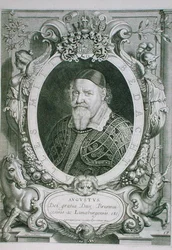 Fiatalabb Augusztus (1579-1666) Braunschweig-Wolfenbuettel-Lueneberg hercege, a „Portraits des Hommes Illustres”-ből, Coenrad Waumans metszete, 1706-ban megjelent (metszet)
