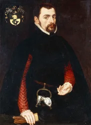 Egy 28 éves úriember portréja, háromnegyed alakban, vörös ujjú fekete zeke és fekete köpeny viselésében, erszénnyel és „K” monogrammal hímzett zsebkendővel, 1563