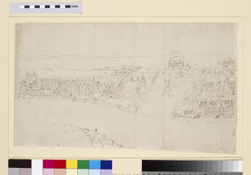 Durham-ház a Barnard kastélyig, a „Londoni panoráma”-ból, 1544 körül (toll, tinta és kréta papíron)