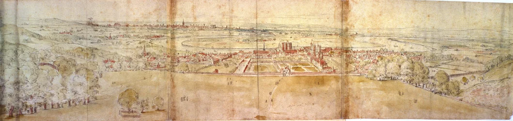 Greenwich Palace és London a Greenwich Hillről, 1544 körül (toll, tinta, kréta és kréta, papír)