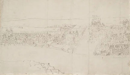 London panorámája Southwarkból nézve: Durham House a Barnards Castle-ig (toll és tinta fekete krétával, papíron)
