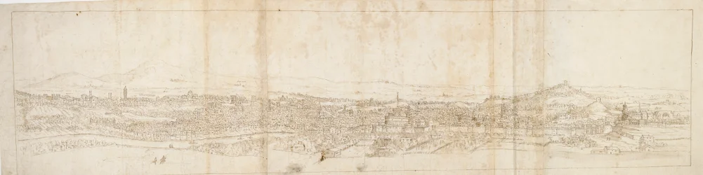Panorámás kilátás Rómára a Monte Mario-ból, Castel S. Angelo az előtérben, 1550-es évek