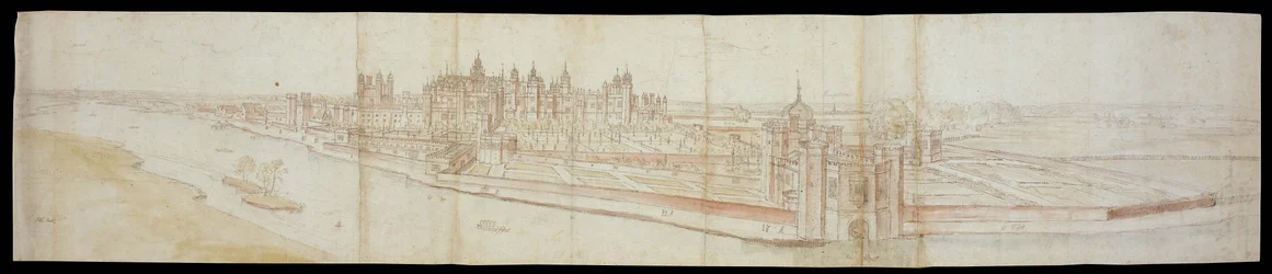 Kilátás a Hampton Court-palotára délről, előtérben a folyóval, 1558 (toll és barna tinta és akvarellek fekete krétával)