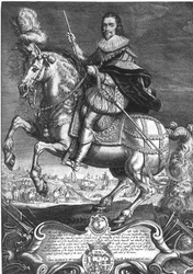 George Villiers (1592-1628) Buckingham 1. hercegének lovas portréja, Willem de Passe metszete (1598-1637) 1625 (metszet)