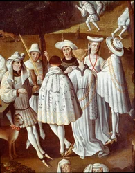 Szerelemkert III. Jó Fülöp, Burgundia hercege udvarában, Hesdin kastélyának kertjében 1432-ben Andre de Toulongeon kamarása esküvője alkalmából adott ünnepség. Részlet. Anton Van Dyck (1599-1641) festménye