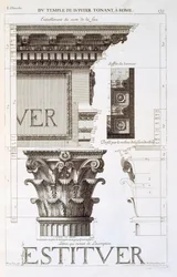 A Jupiter Tonans (A mennydörgő) templom antableratúrája, fővárosa és felirata a „Les Edifices Antiques de Rome”-ból, 1682