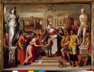 A halicarnassei Artemise Iere királynő története: „” A könyv átadása és az epee”” Antoine Caron (1521-1599) festménye 16. század V. 0,51x0,67 m Beauvais, Musee departemental de l