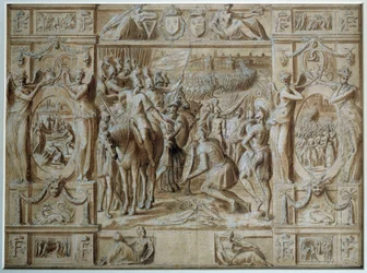 Milánó behódolása I. Francois csapatai az 1515-ös marignani csatában aratott győzelem után bevették Milánó városát. Antoine Caron (1521-1599) rajza tollal és mosdóval 16. századi Párizs, Louvre Múzeum