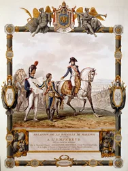 Az 1800. június 14-i marengói csata viszonyának homlokzata: Marechal Berthier bemutatja az I. Napóleon harci stratégiáját. Antoine Dit, Carle Vernet (1758-1836) illusztrációja