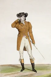 Dandy csónak alakú kalapban, szürkésbarna kabátban és szarvasbőr nadrágban, 1. tábla az "Incroyable et merveilleuses" divatlap-sorozatból, Georges Jacques Gatine (1773-183) metszete.