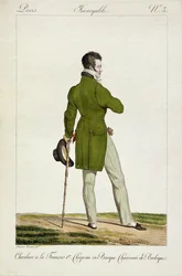 Egy Dandy „Francois I” frizurával, bűbájok és csecsebecsék gyűjteményével, az „Incroyable et merveilleuses” divattányér-sorozat 3. táblája, Georges Jacques Gatine (1773-1831) pub metszetével
