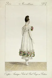 Ázsiai frizurájú hölgy szalaggal szegett gömbruhában, 4. tábla az „Incroyable et merveilleuse” divattányér-sorozatból, Georges Jacques Gatine (1773-1831) metszetével, megjelent 1