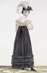 Lady in Velvet Morning Dress, 24. tábla az „Incroyable et Marvelous”-ból, metszett Georges Jacques Gatine (1773-1831), pub. Párizs, 1797 (akvatinta metszet)