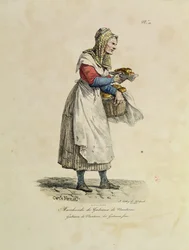 A Nanterre-i süteményárus, 10. szám a "Párizs kiáltásai" sorozatból, metszett: Francois Seraphin Delpech (1778-1825) (színes litó)