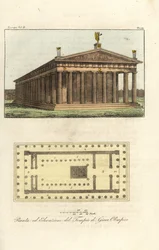Zeusz vagy Jupiter templomának homlokzati rajza és alaprajza az Olümposz hegyén
