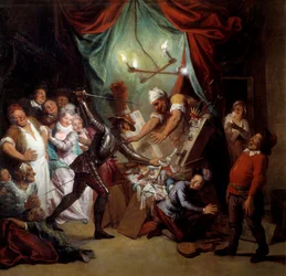 Don Quijote szétrombolja a bábokat, amelyeket móroknak vél. Miguel de Cervantes Saavedra (1547-1616) „Az elmés nemes Don Quijote de la Mancha” című műve.