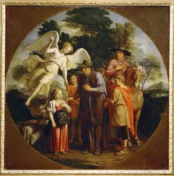 Szent Genovéva átveszi az érmet Szent Germaintól (festmény, vászon)