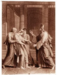 Eszter Assuerus előtt, illusztráció Jean Racine (1639-99) Eszter című művéből, Mathieu metszete (metszet) (fekete-fehér fotó)