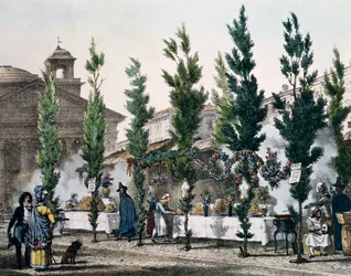 Ételsütők a Pantheonban Szent József ünnepén, Antoine Jean-Baptiste Thomas (1791-1834) metszete az Un an a Rome et dans ses environsból (Egy év Rómában és környékén), Franciaország